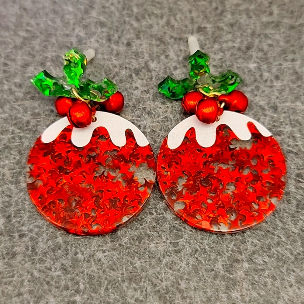Christmas Ball Red Glitter Dangle Earrings